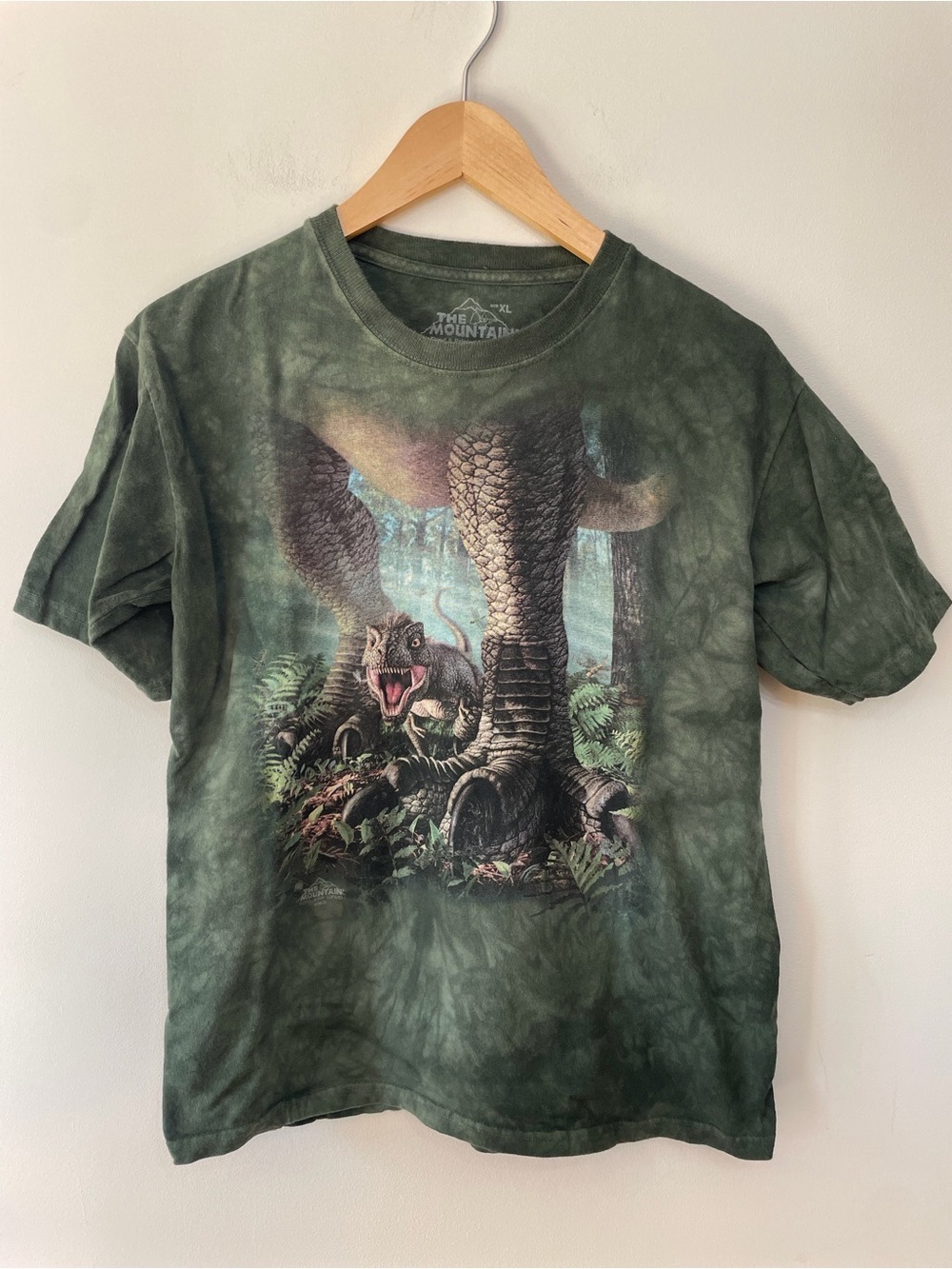 The Mountain Tee T-Shirt Kids Short Sleeve T-Rex Dinosaur Tie Dye Green Youth XL